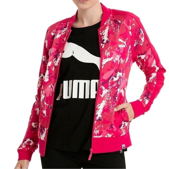 Puma All Over Print T7 Women's Track Jacket Love Potion Size Small Pink & White - Picture 2 of 16